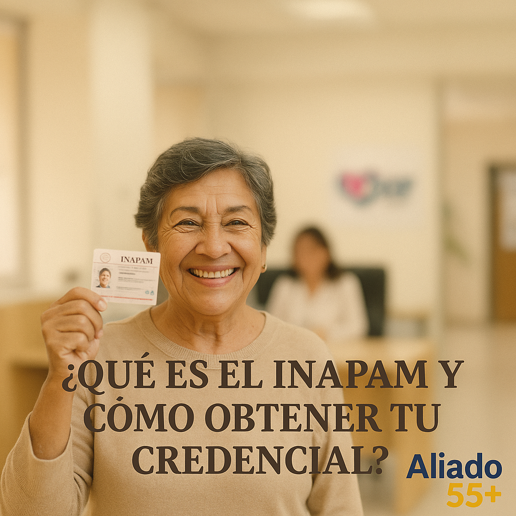 Mujer adulta mayor sonriendo mientras sostiene su credencial del INAPAM en una oficina de atención.