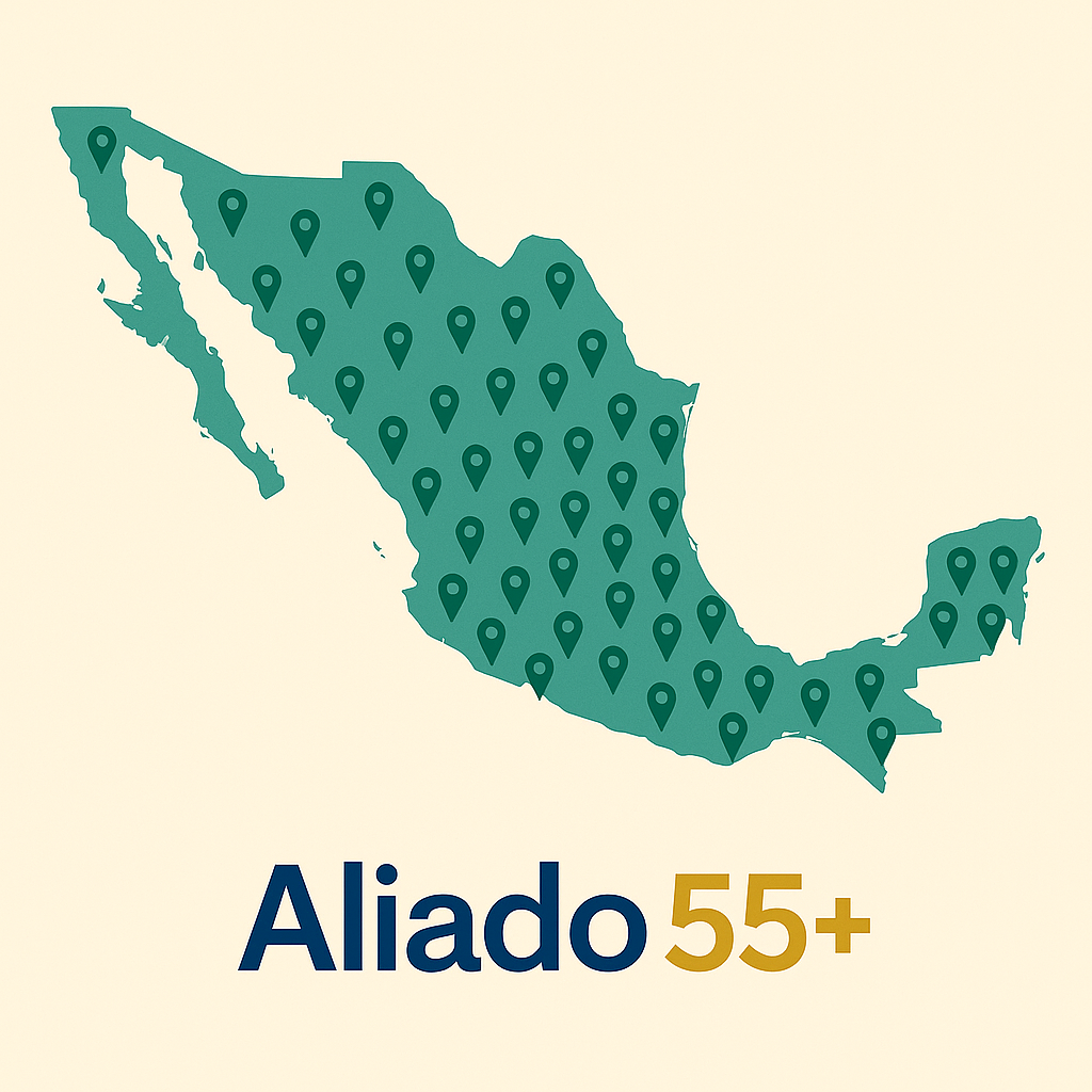 Mapa de México con pines que muestran la cobertura nacional de Aliado 55+ para asesoría a pensionados