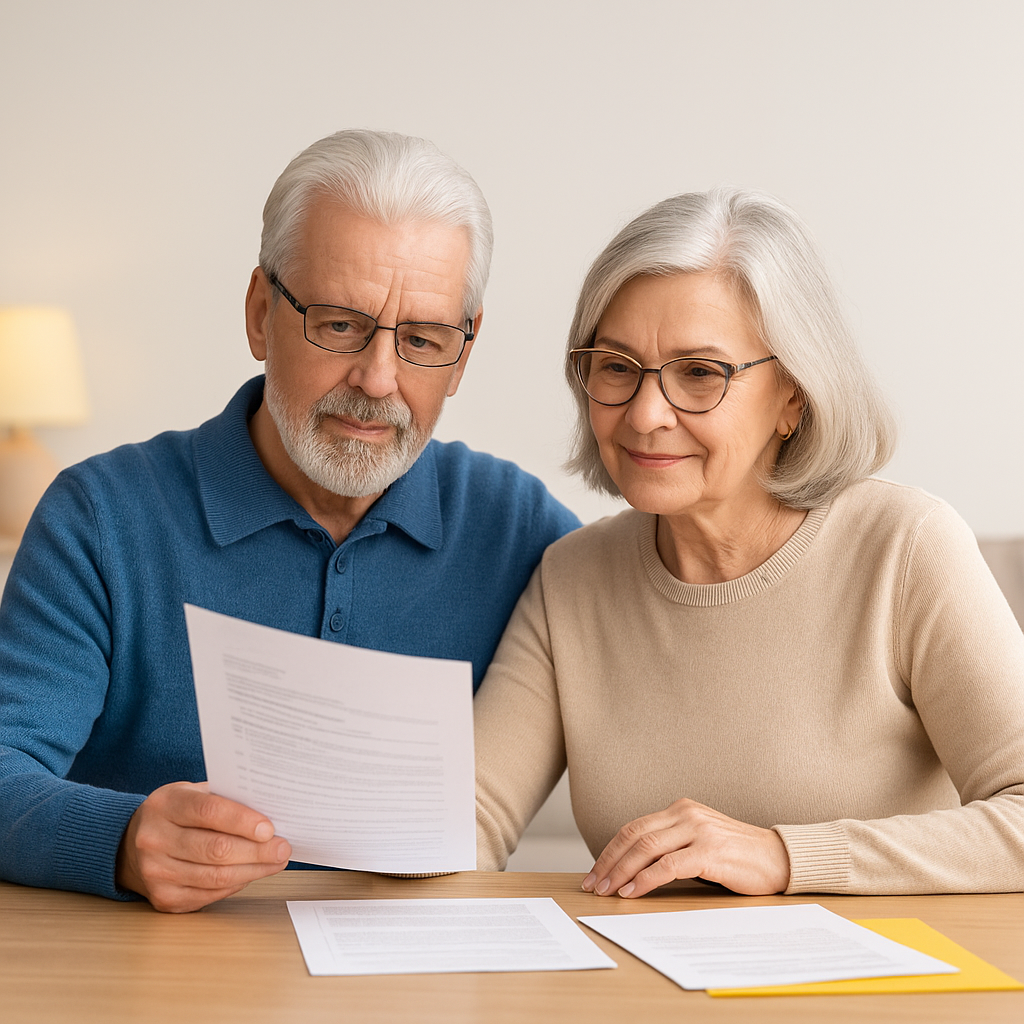 Pareja adulta revisando papeles de pensión en una mesa